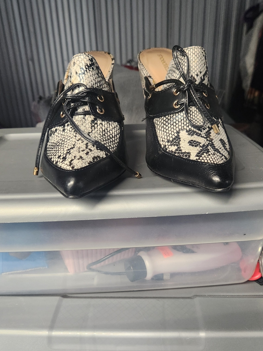 Shoe Dazzle Black and Cream Snake-Print Pointed Lace-Up Mules